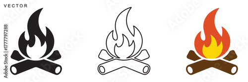 Campfire icon vector silhouette set, Firewood logotype, Fireplace symbol, Bonfire vector illustration on white background