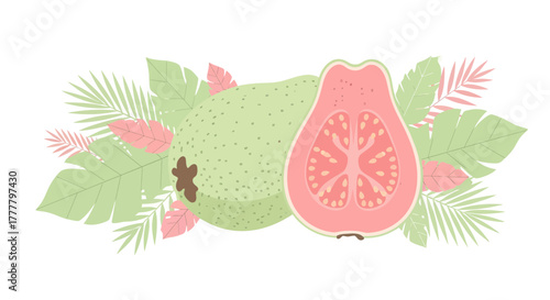 Vibrant Guava Fruit Surrounded by Tropical Leaves with a Sweet Pink Interior