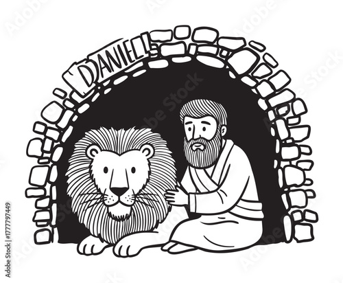 Black and white illustration of a bearded man with a robe sitting beside a lion in a stone-arched cave labeled "daniel.