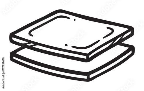Black and white line drawing of two square sandwiches stacked, with visible edges and simple detailing.