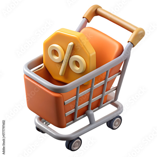 3d icon of shopping cart with discount isolated on transparent background