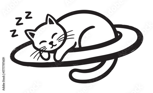 Black outline of a sleeping cat resting on a ringed planet, with a peaceful expression and small "z" symbols indicating sleep.