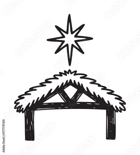 Simple black outline of a traditional nativity stable with a thatched roof and an eight-pointed star above.
