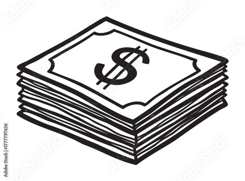 Black outline drawing of a stack of paper currency with a prominent dollar sign on the top bill, symbolizing wealth and finance.
