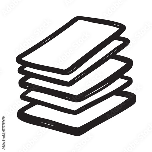 Black outline of a stack of rectangular sheets positioned at varied angles, suggesting organization or paper-related concepts.