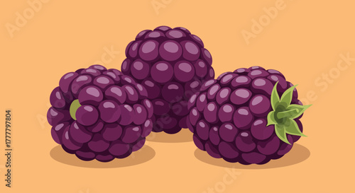 Vibrant Illustrated Display of Three Fresh, Delicious, Ripe Blackberries on Beige Background