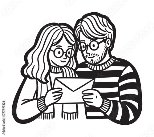 Black and white drawing of a caucasian young couple reading a letter together with friendly expressions.