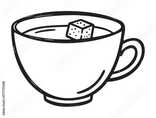 Black outline vector icon of a simple teacup filled with liquid and a sugar cube on top, suitable for beverage and kitchenware themes.