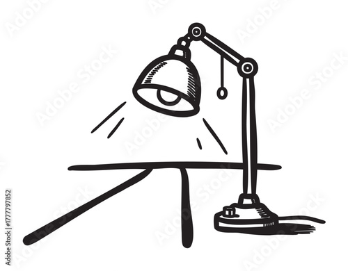 Black outline of a classic adjustable desk lamp on a table with visible light rays. simple linear design for office, workspace, and lighting concepts.