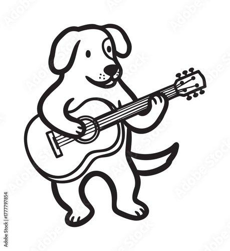 Cartoon illustration of a happy dog playing an acoustic guitar with a cheerful expression and wagging tail.