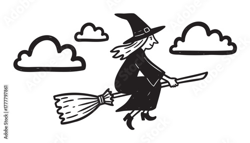 Black and white sketch of a cartoon witch with a pointed hat flying on a broomstick amidst fluffy clouds.