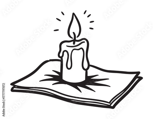 Black and white sketch of a melting candle on a book with dripped wax and a glowing flame.