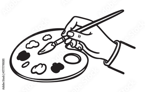Black and white line drawing of a hand holding a paintbrush over an artist's palette with various paint blobs.