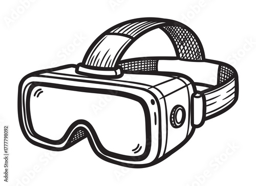 Black and white sketch of virtual reality goggles with an adjustable head strap, showcasing a front-facing lens design.