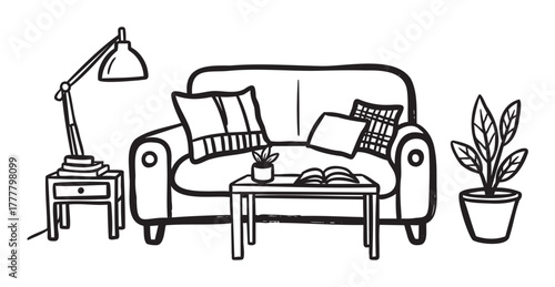 Black outline drawing of a cozy living room with a sofa, pillows, a small coffee table, and a floor lamp, depicting a comfortable and inviting space.