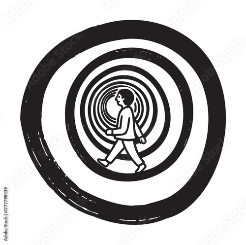 Black and white illustration of a person walking in a spiral pattern, suggesting a journey or progression.