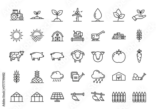Collection of Black and White Farming and Agriculture Icons.