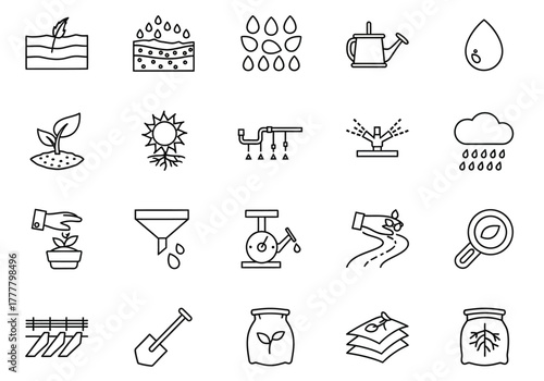 Black and White Line Art Icons Depicting Agriculture and Gardening Concepts.