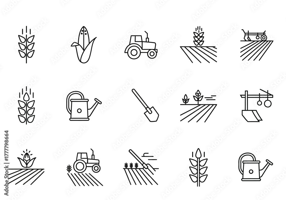 Fototapeta premium Collection of Black and White Farming and Agriculture Outline Icons.