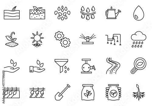 Line Art Icons Representing Agriculture and Irrigation Concepts.