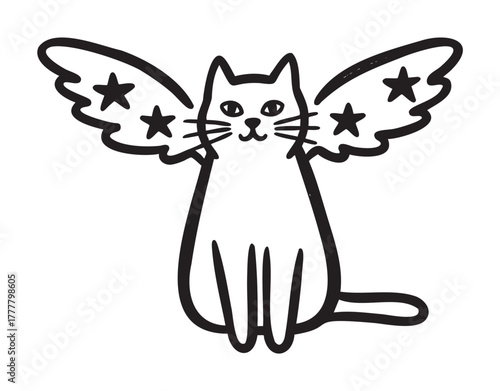 Black outline drawing of a cat with whimsical butterfly-like wings adorned with stars, sitting in an upright position.
