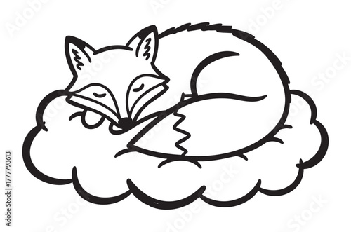 Black outline drawing of a sleeping fox curled up on a fluffy cloud, showcasing peaceful rest and simplicity in nature.