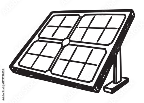 Black outline vector icon of a solar panel on a stand, featuring four segmented rectangular cells for energy generation.