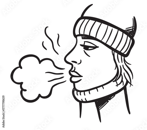 Black outline drawing of a person wearing a beanie and scarf, exhaling visible breath in cold weather.
