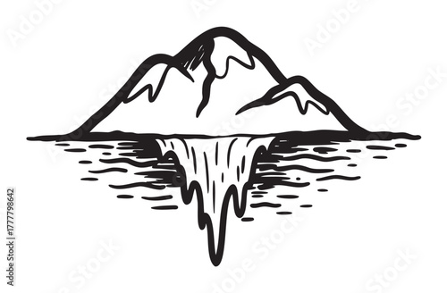 Black outline drawing of a snow-capped mountain reflecting in calm water with a cascading waterfall effect.
