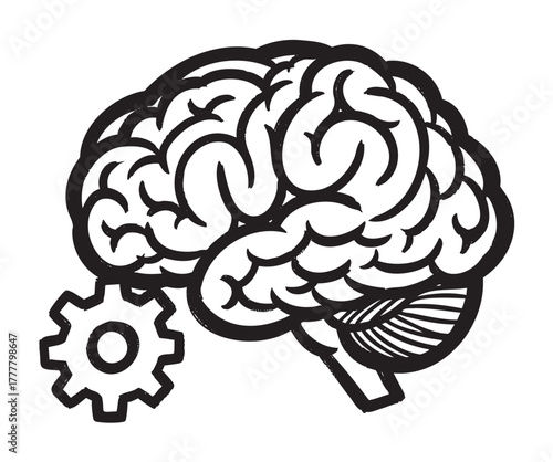 Black outline drawing of a brain with an adjacent cogwheel symbolizing the concept of artificial intelligence and cognitive processes.