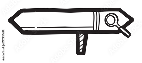 Black outline drawing of a detective-style magnifying glass attached to a wooden directional signpost.
