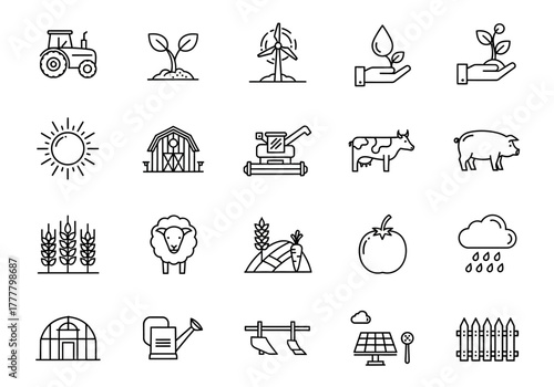 Agriculture and Farming Icon Set: Tractor Crops Animals and Tools.