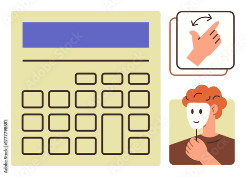 Calculator grid, hand gesture for decision-making, person holding a mask symbolizing deceit or duality. Ideal for themes thumbs up finance, choice, strategy, identity, expressions, ethics