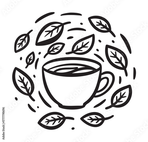 Black outline vector drawing of a steaming cup surrounded by swirling leaves, signifying warmth and nature.