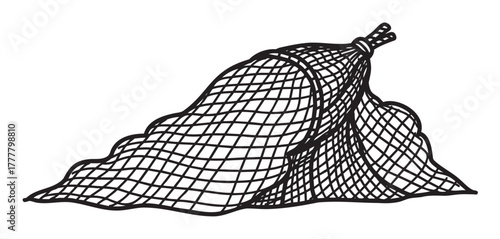 Black outline drawing of a fishing net with visible mesh pattern, tied at one end for realistic ocean or marine themed concepts.