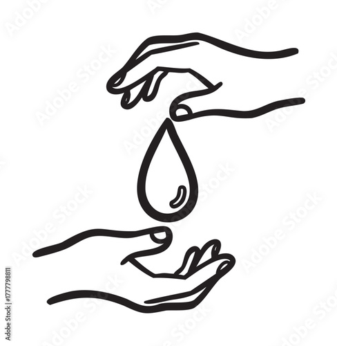 Black outline of two hands exchanging a single droplet, symbolizing care, conservation, and charity.