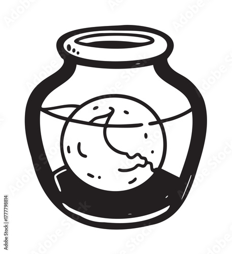 Black outline vector drawing of a jar containing a cracked round object, resembling a surreal representation of containment and fragility.