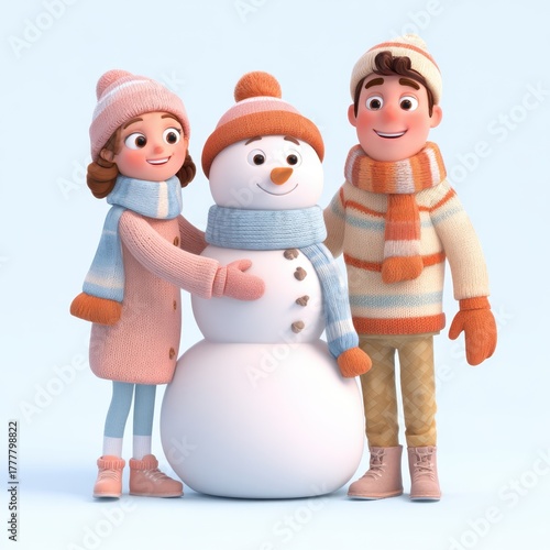 Two happy children in winter clothing standing next to a snowman kids joyful
