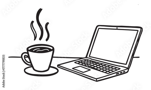 Black outline drawing of a steaming coffee cup on a saucer next to an open laptop, illustrating a work-from-home or remote work concept.