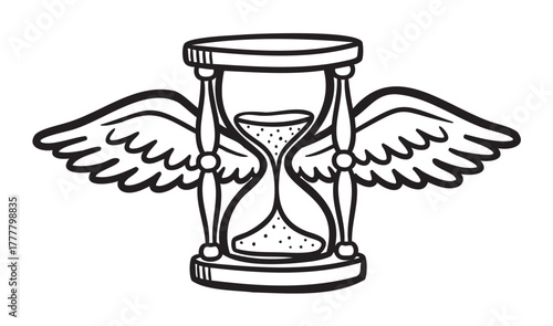 Black and white outline drawing of an hourglass with wings, symbolizing the concept of time flying.