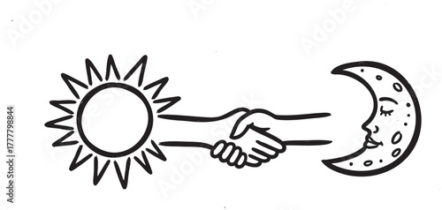 Black outline drawing of the sun and crescent moon shaking hands, symbolizing harmony between day and night.