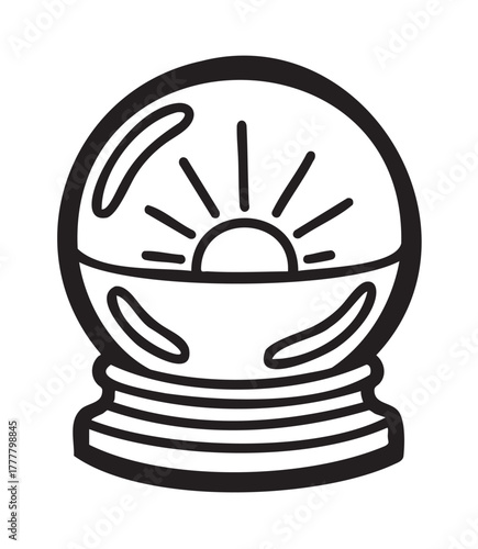 Black outline vector icon of a crystal ball with sunburst design, ideal for magic, fortune, and mystical concept themes.