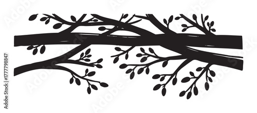 Black silhouette of intertwined tree branches with small leaves, illustrating nature, growth, and organic design.