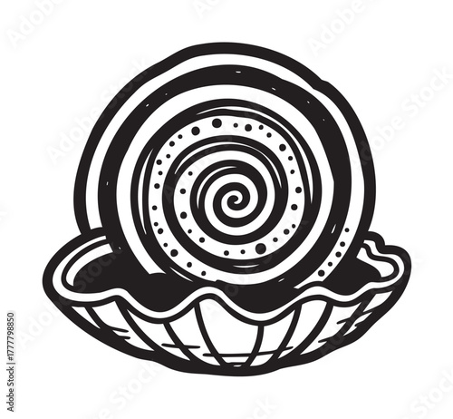 Black outline icon of a spiral pearl nestled in an open oyster shell. minimalist design for marine, jewelry, and treasure concepts.