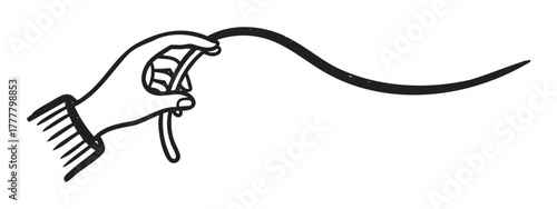 Hand sketch drawing of a human hand tightly gripping a long, thin string, showcasing a dynamic motion and minimalist style.