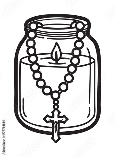 Black outline icon of a jar candle with a rosary draped over it, featuring a cross and a visible flame.