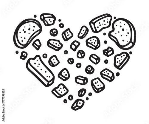 Black outline drawing of various bread crumbs arranged in a heart shape, representing love for baking and food.