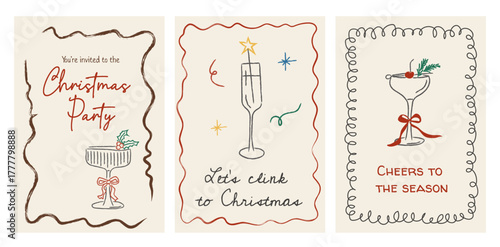 Set of three retro Christmas cocktail cards with hand-drawn glasses, holly, and ribbons. Whimsical doodle style with holiday greetings and festive drink illustrations. Vector illustration.