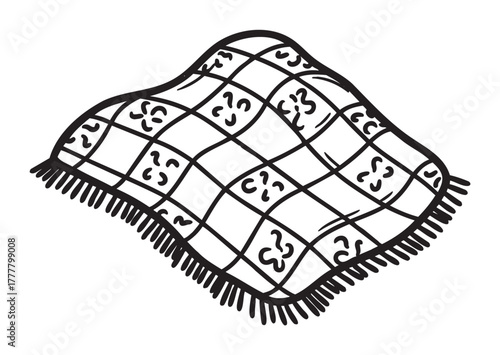Black outline of a cozy plaid blanket with a pattern of squares and fringe detailing around the edges.