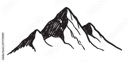 Hand-drawn black outline of an abstract mountain range with three peaks on a white background.